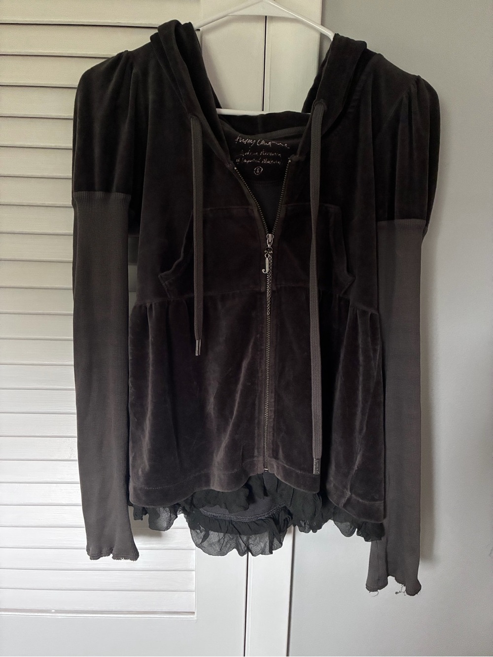 Vintage Juicy Couture Black Avante Garde Velour Ruffle Peplum Hoodie Gothic Y2K